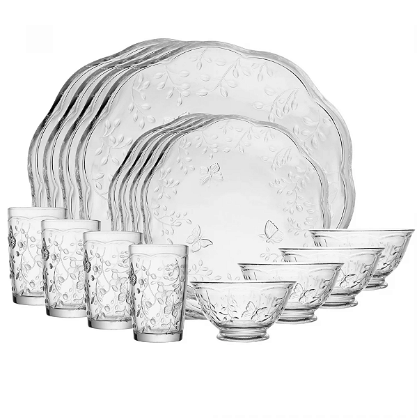 Jogo de Jantar 16 Peças Cristal New Butterfly Pratos Copos Tigelas
