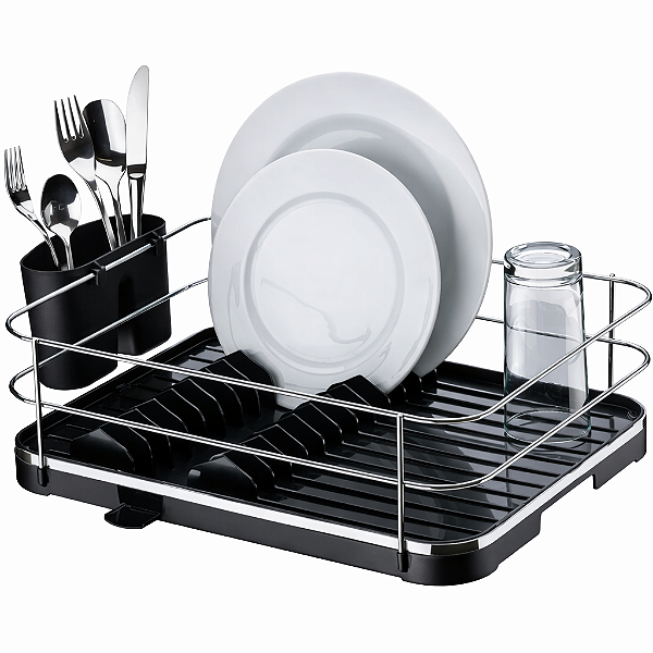 Escorredor de Louças 11 Pratos com Calha e Porta Talheres Preto Prata