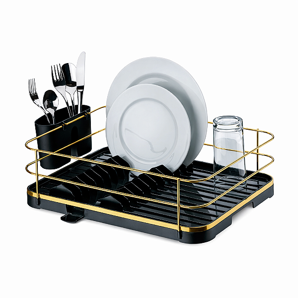 Escorredor de Louças 11 Pratos com Calha e Porta Talheres Preto Dourado
