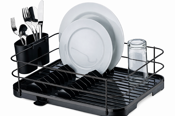 Escorredor de Louças 11 Pratos com Calha e Porta Talheres Preto Ônix