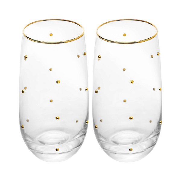 Kit 2 Copos Balls Fio De Ouro 300ml Vidro Fino Água Suco