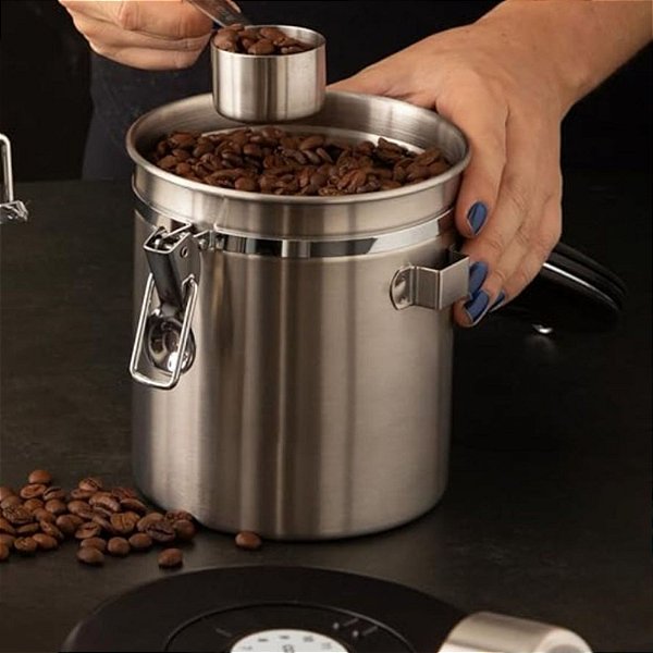 Porta Café Tampa Hermética Pote Em Inox Colher 30g E Data