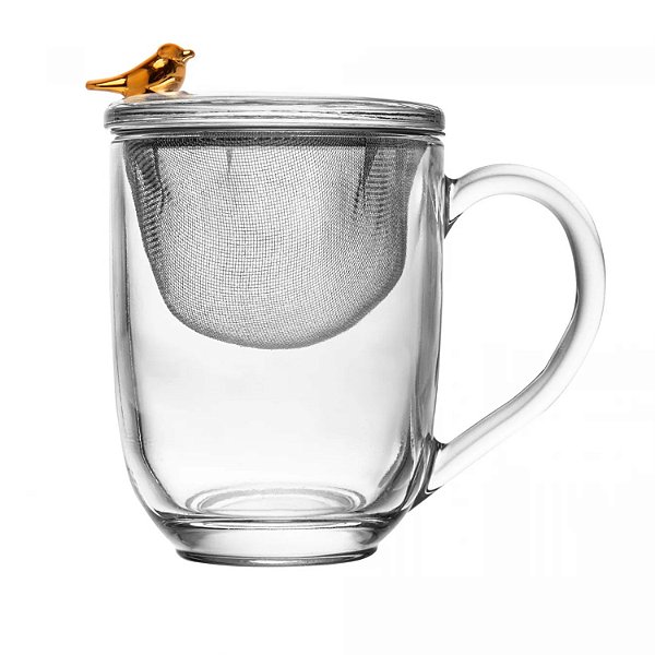 Caneca de Chá Com Tampa Infusor Bird Dourado 350ml Cristal