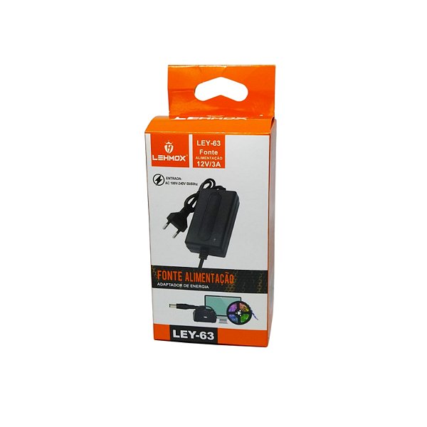 Fonte de Alimentação AC 100/240 Volts DC 12V 3A Ley-63