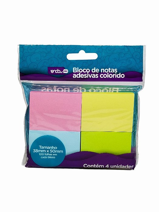 BLOCO NOTAS ADESIVAS COLORIDO 38X50MM C/ 4 UND