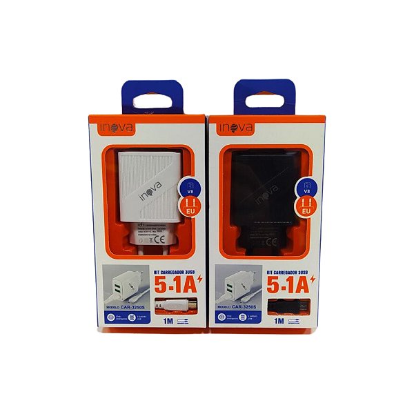Carregador de Tomada Com 3 Saidas Usb 5.1A + Cabo Micro Usb V8 CAR-3250S