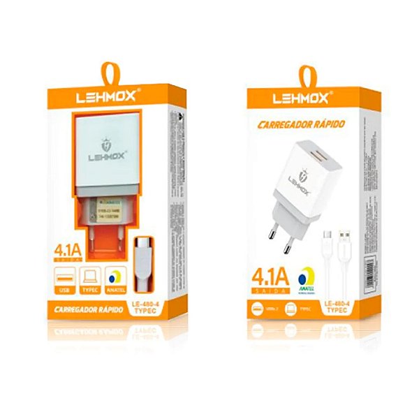 Carregador de Celular C/2 Entrada Usb e Cabo Type-C Le-480-4