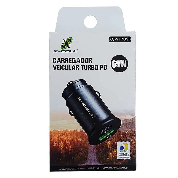 Carregador Veicular Turbo PD 60W C/ 2 Entradas Usb/Usb-C XC-V17USD