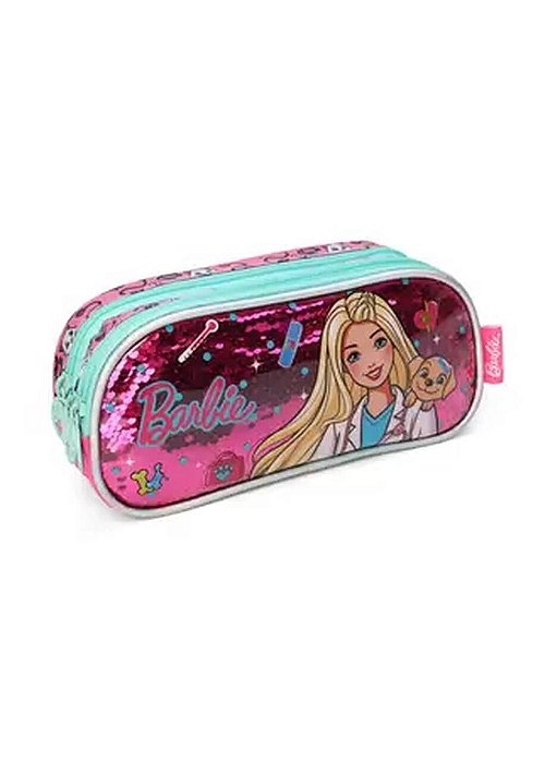 Estojo Barbie Veterinaria Pets Rosa Lantejoula