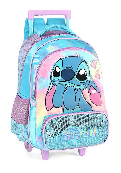 Mochila Alça e Rodas Stitch Peludinha Holográfica Azul