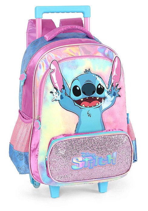 Mochila Alça e Rodas Stitch Peludinha Holográfica Roxa