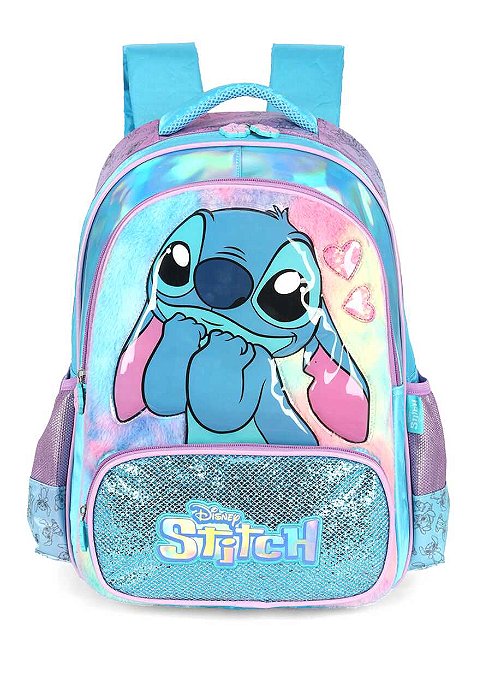 Mochila De Costas Stitch Peludinha Holográfica Azul Luxcel