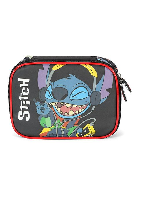 Estojo Box Escolar Stitch Ouvindo Música Preto Luxcel