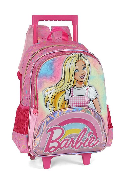 Mochila Alça e Rodas Barbie Peludinha Rosa Luxel