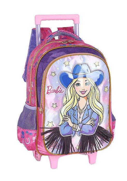 Mochila Alça e Rodas Barbie Boiadeira Gliter Roxa Luxel