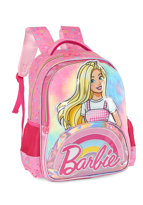 Mochila Costa Barbie Peludinha Rosa Luxel