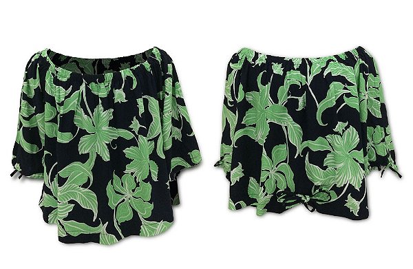 Blusa Feminina Plus Size Viscolinho Decote Canoa Mangas com Abertura nas Laterais  Fundo Preto Estampa Verde