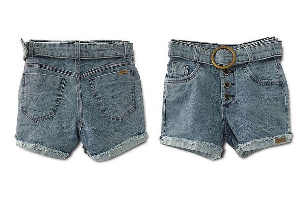 Short Feminino Jeans Claro Lavado com Cinto Fivela em Metal Bolso Falso Frontal 98 % Algodão e 2% Elastano