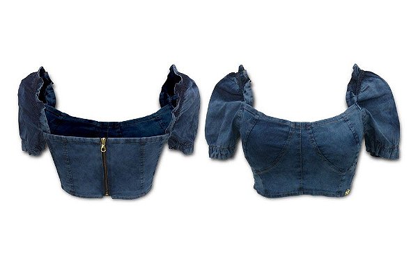 Cropped Jeans Leve Manga Bufante com Fecho em Zipper Atrás Tonalidade Média