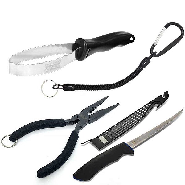 Kit MS: Alicate de bico+ Cordão de Segurança+ Faca Fileteira Knife+ Escamador