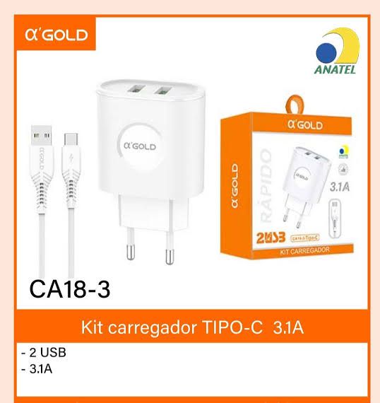 Carregador Rápido CA18-3 3.1A Com 2 USB - A Gold Tipo C