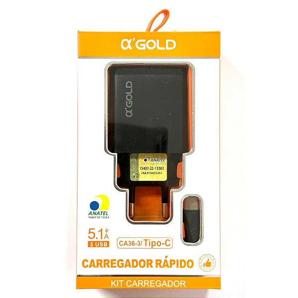 Carregador Rápido CA36-3 5.1 Com 3 USB - Tipo C A'Gold