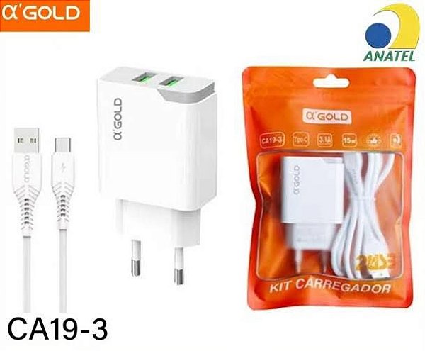 Carregador Rápido CA19-3 3.1A Com 2 USB - A'Gold Tipo C
