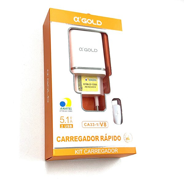 Carregador Rápido Turbo CA33-1 5.1A Micro USB / V8 - A'Gold 2 USB