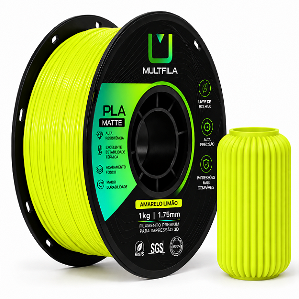 Filamento MultFila Impressora 3D PLA Matte Amarelo Limão 1kg 1.75mm Premium