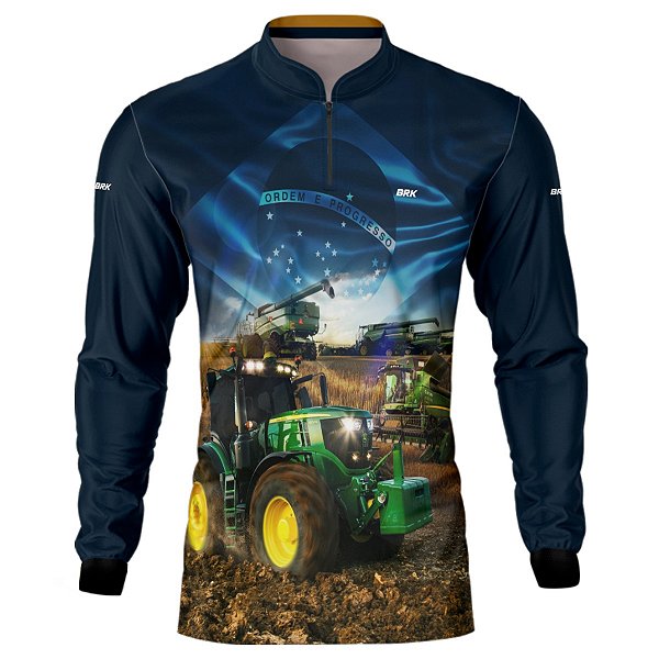 Camisa Agro BRK Trator Verde Brasil Azul com UV50+