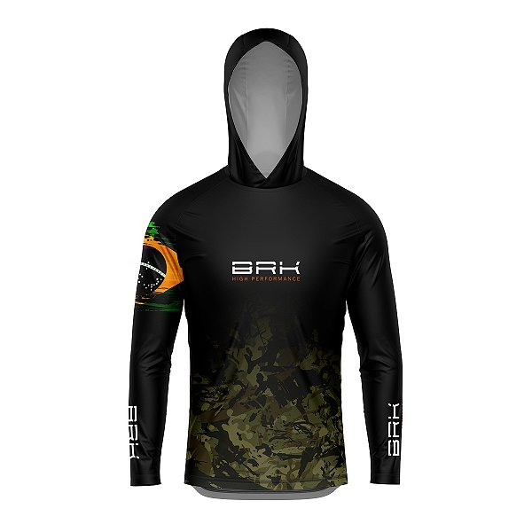 Camisa de Pesca com Capuz Brk Camuflado Preto Brasil com Proteção UV50+