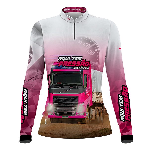 Camisa de Caminhão BRK Aqui Tem Pressão Branca e Rosa com UV50+