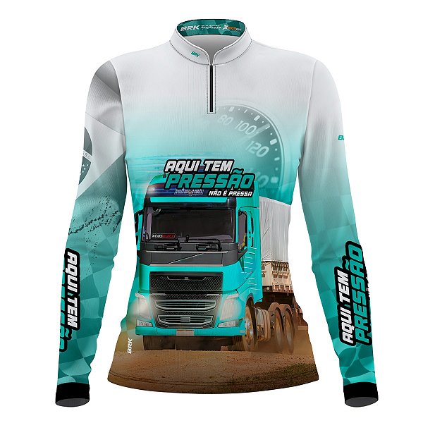 Camisa de Caminhão BRK Aqui Tem Pressão Branca e Ciano com UV50+