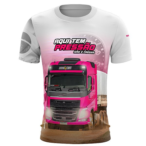 Camiseta de Caminhão BRK Aqui Tem Pressão Branca e Rosa com UV50+