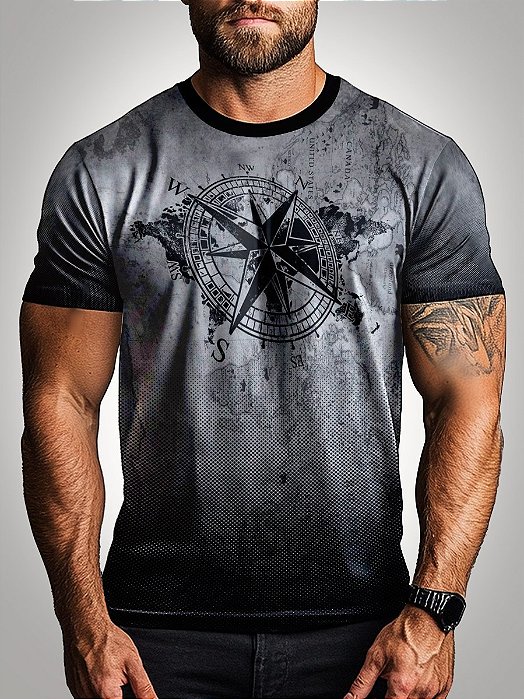 Camiseta Casual Brk Motociclismo Rosa dos Ventos Cinza com UV 50+