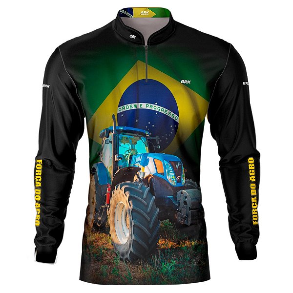 Camisa Agro BRK Preta Trator Azul com UV50 +