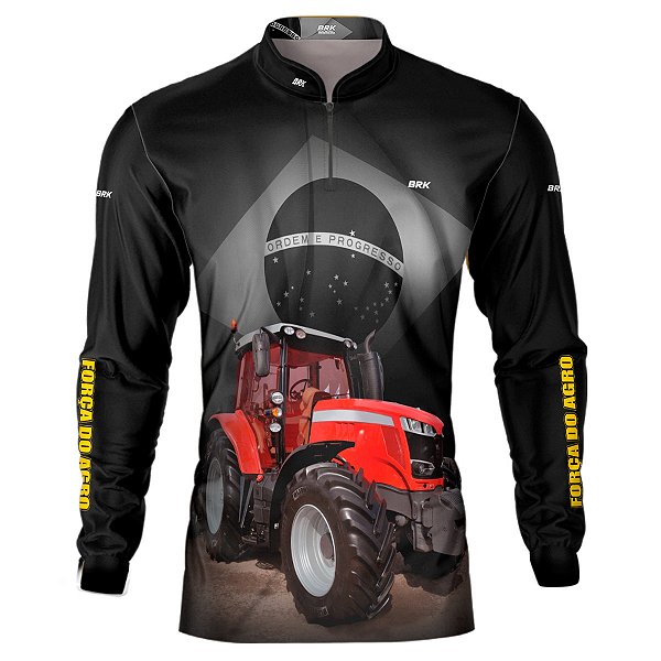 Camisa Agro BRK Preta Trator Vermelho Brasil com UV50 +