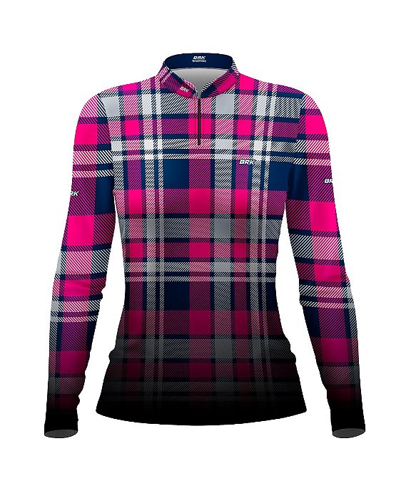 Camiseta Brk Agro Feminina Xadrez Azul e Rosa com Proteção Solar UV50+