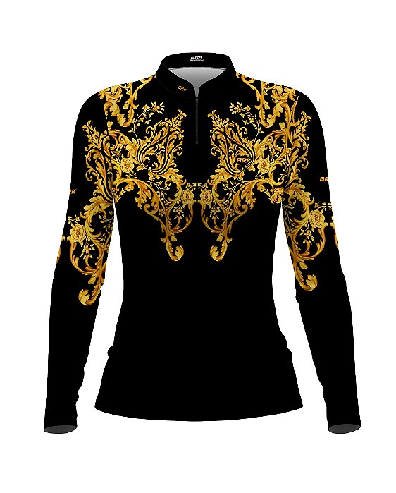 Camisa Country BRK Feminina Dourada e Preto Boiadeira com UV50 +