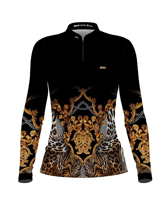 Camisa Country BRK Feminina Dourada e Preto Onça com UV50 +