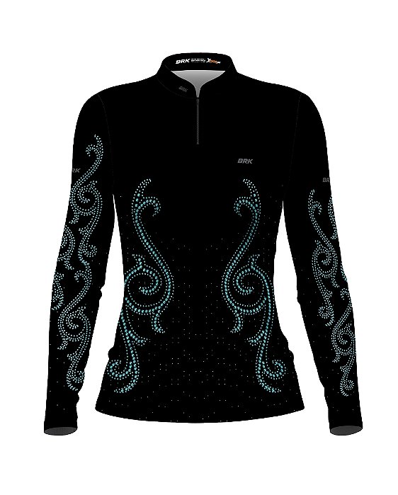 Camisa Country BRK Preta e Azul Feminina Boiadeira com UV50 +