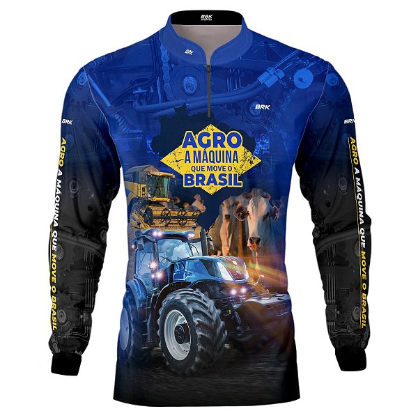 Camisa Agro BRK Azul Máquina que Move o Brasil com UV50 +