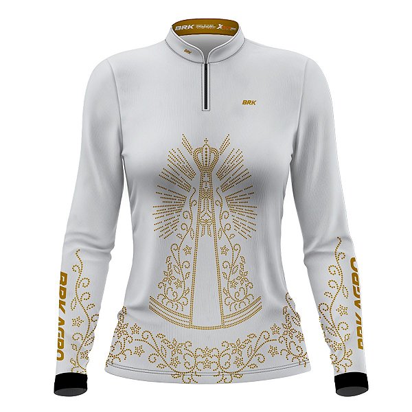 Camisa Agro Feminina BRK Nossa Senhora Strass Branca com  UV50+