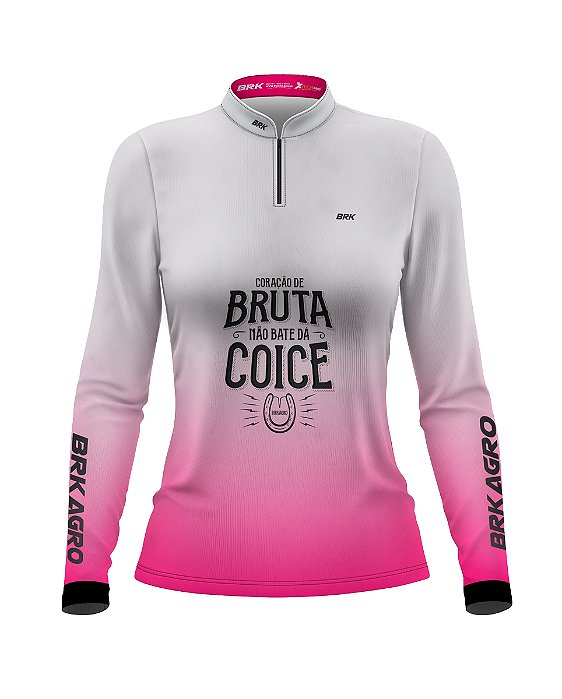 Camisa Agro Branca e Rosa BRK Delicada Igual Coice de Mula com UV50+