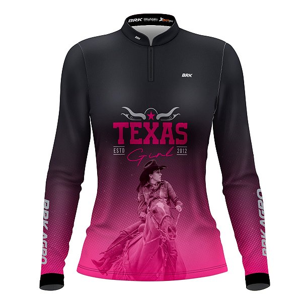 Camisa Agro Feminina Preta e Rosa BRK Texas Girl com Proteção UV50+