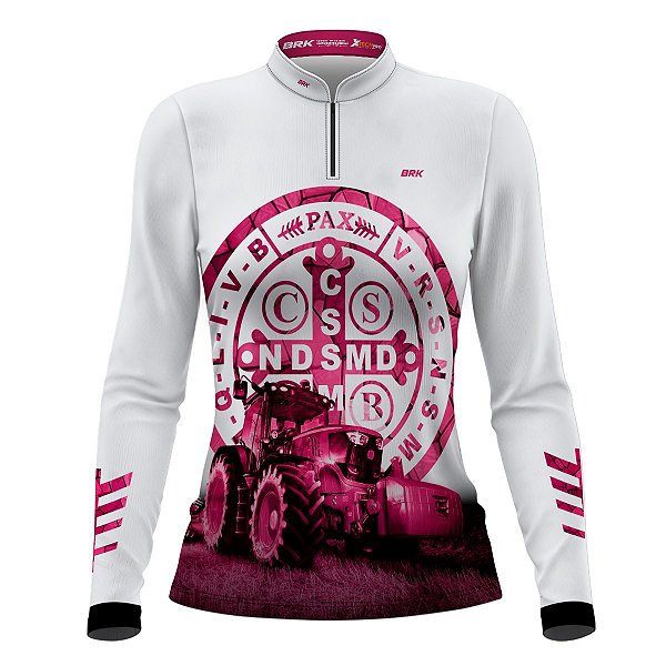 Camisa Feminina BRK Medalhão de São Bento Branco e Rosa UV50+