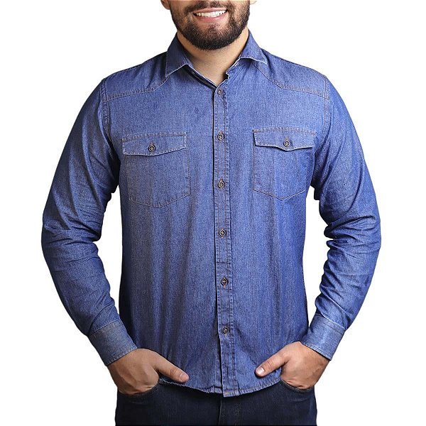 Camisa Social Jeans Manga Longa Slim Fit BRK - Jeans Escuro