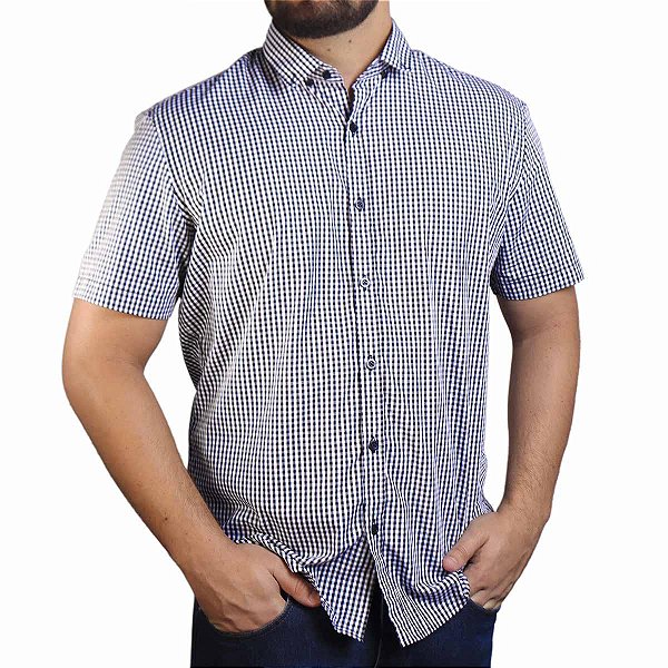 Camisa Social Xadrez BRK Manga Curta Slim Fit - Azul