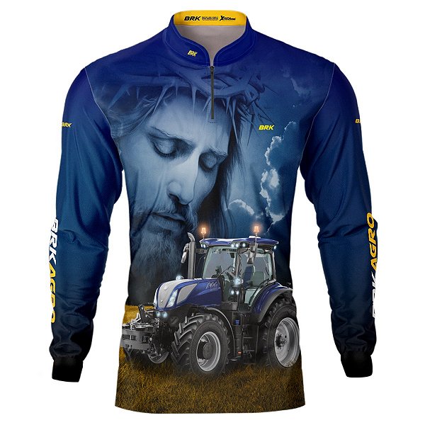 Camisa Agro Brk Azul Trator T7 LWB e Jesus com UV50+