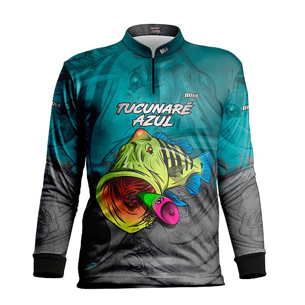 Camisa de Pesca Infantil BRK Tucunaré Azul Cinza com UV50 +